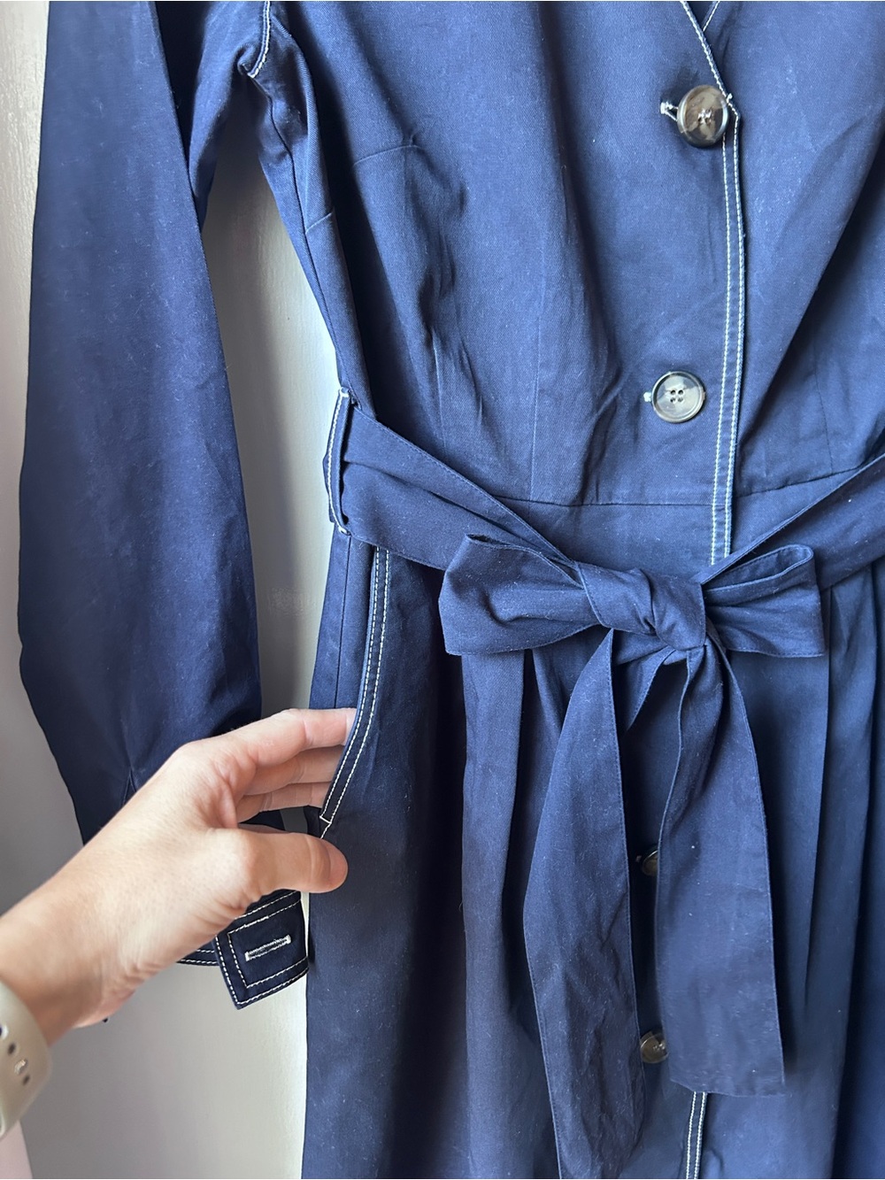 Boden Navy Long-Sleeve Button Midi Dress with Tie Waist - Picture 4 of 5